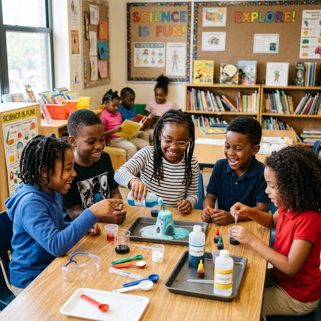 African American kids reading and doing projects
