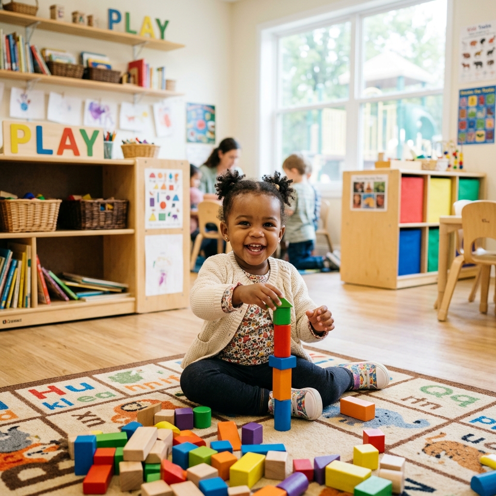 African American Toddler playing with blocks